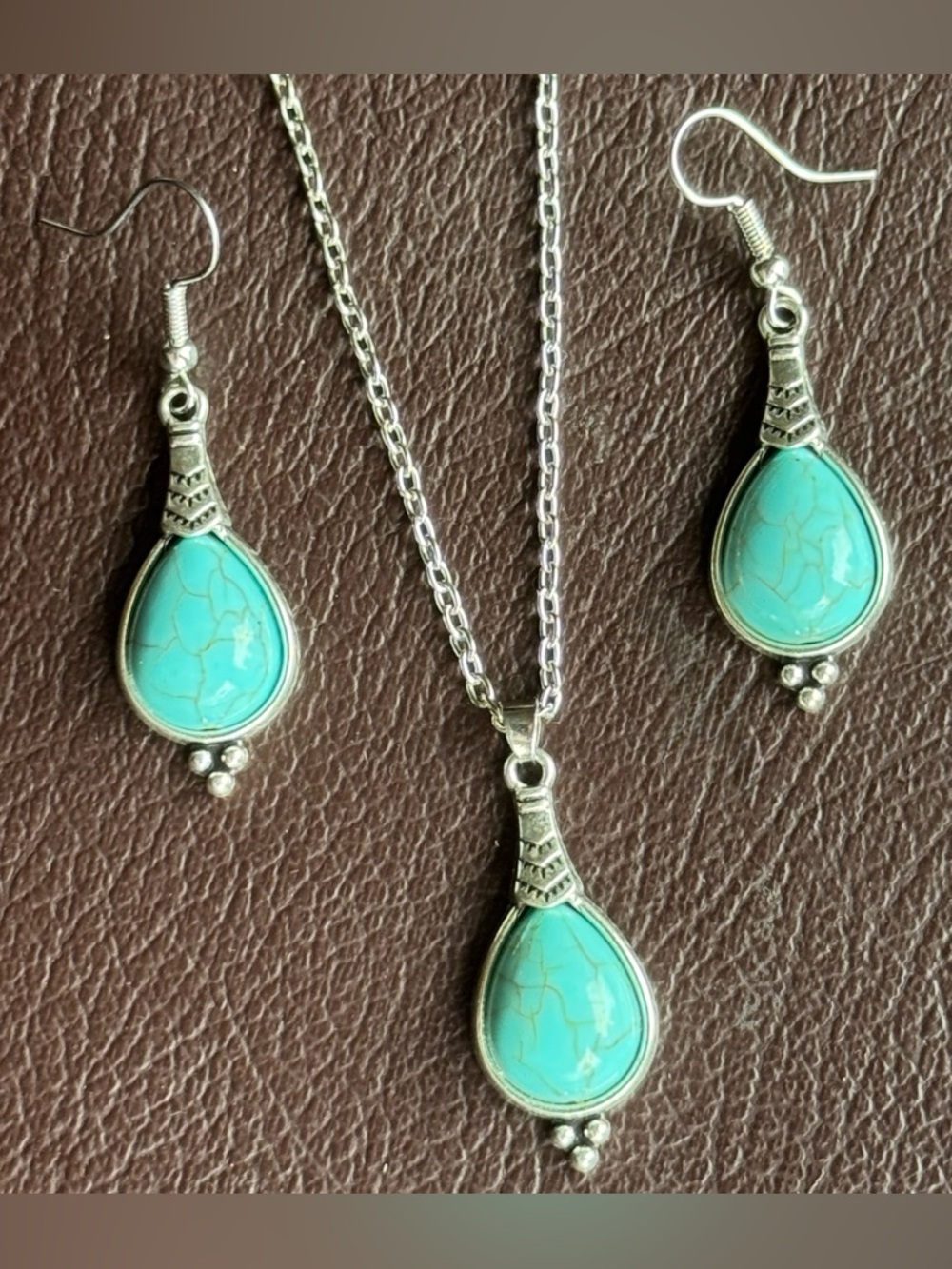 ❤️ Turquoise Teardrop Pendant Necklace Earrings Set Women Jewelry Silver Tone